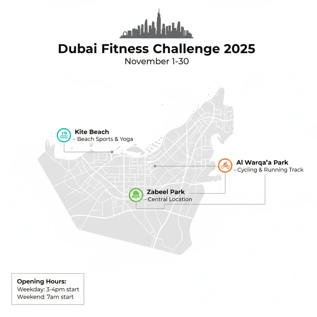 Map showing locations of three Dubai Fitness Challenge 2025 venues: Kite Beach, Zabeel Park, and Al Warqa'a Park with opening hours