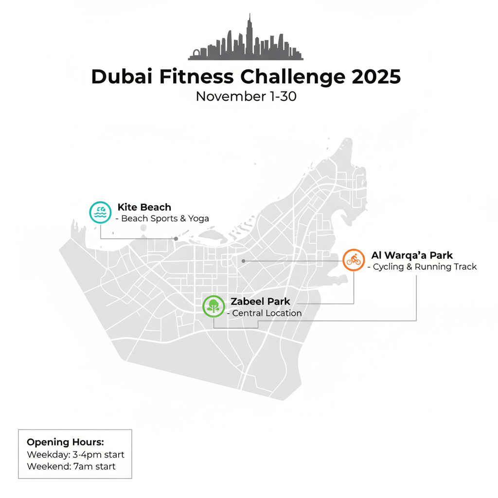 Map showing locations of three Dubai Fitness Challenge 2025 venues: Kite Beach, Zabeel Park, and Al Warqa'a Park with opening hours