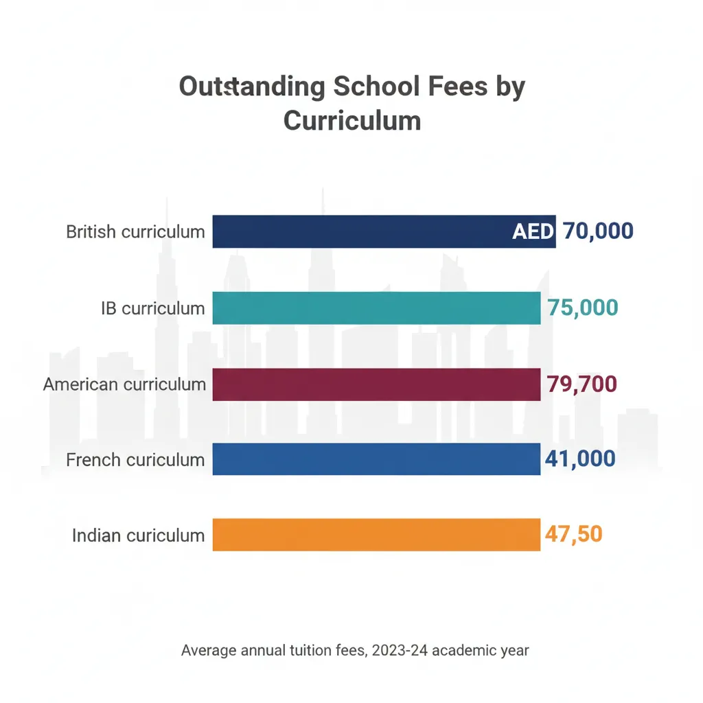 Horizontal bar chart comparing average annual school fees at Dubai Outstanding schools by curriculum type, ranging from AED 31,276 to AED 110,305