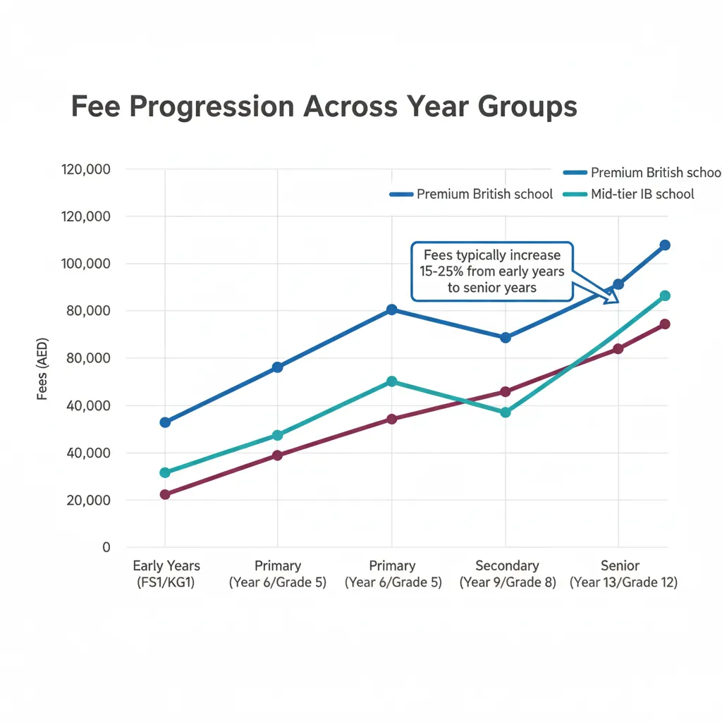 Line graph showing school fee progression from early years to Year 13 at Dubai Outstanding schools, with fees ranging from AED 31,000 to AED 111,000