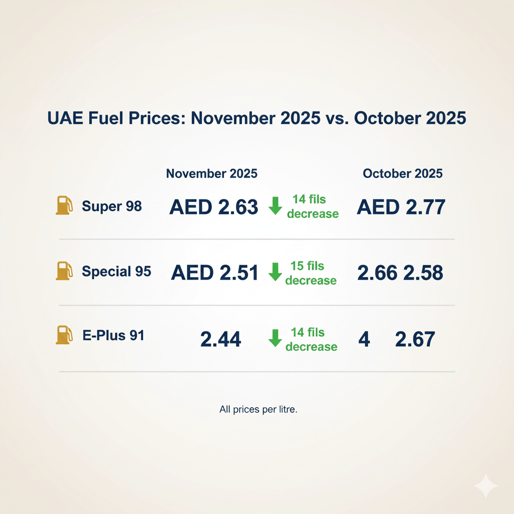 UAE fuel prices comparison November vs October 2025 showing decreases across all grades