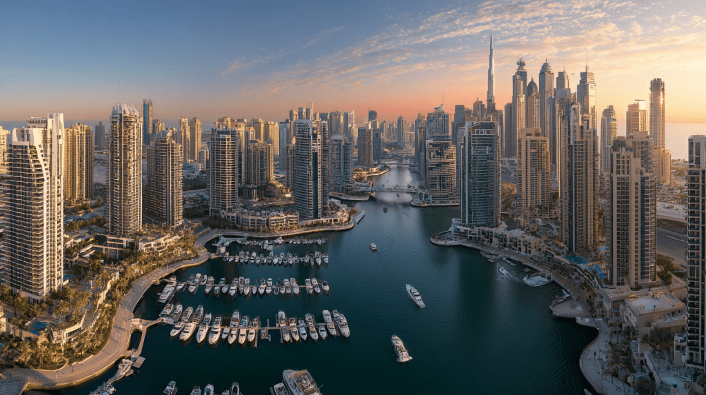 Aerial view of Dubai Marina luxury waterfront properties eligible for Golden Visa investment