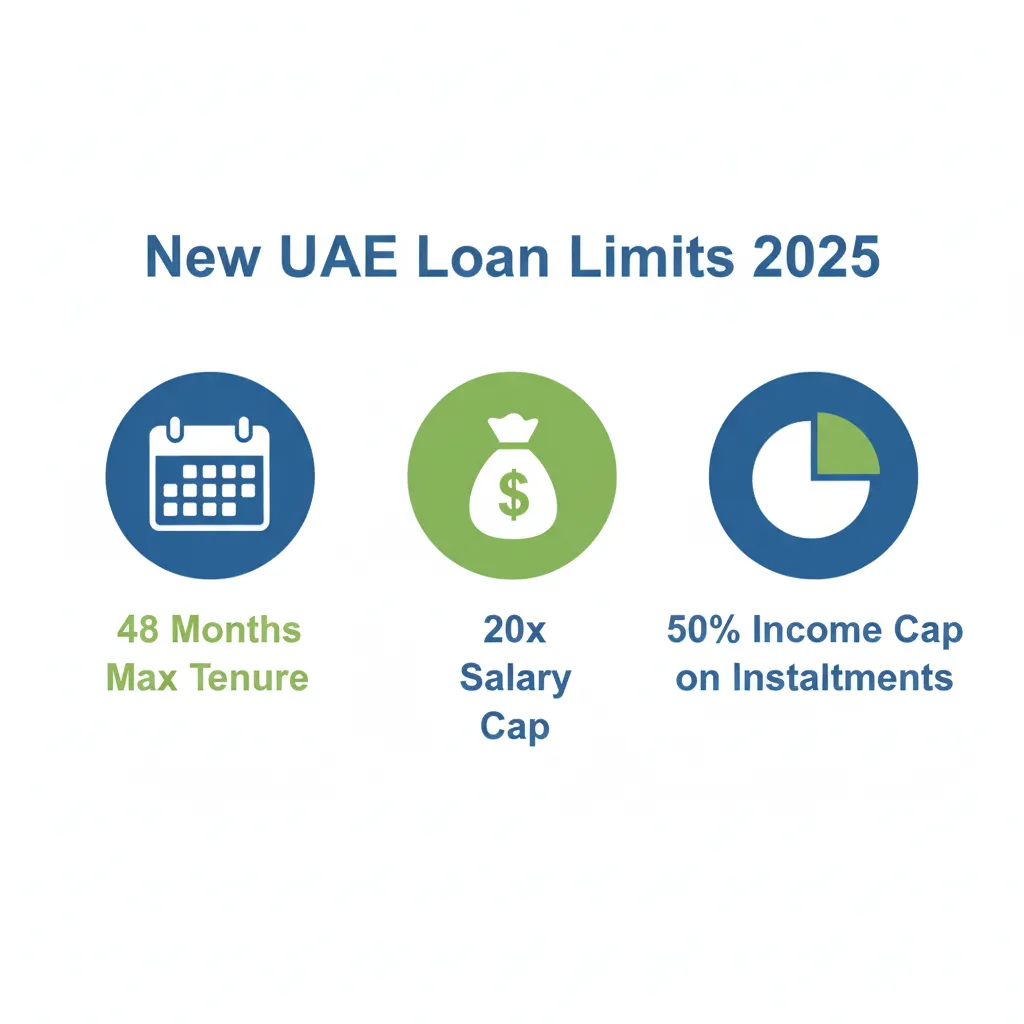 Infographic showing UAE loan limits including 48-month tenure and 50% income cap.