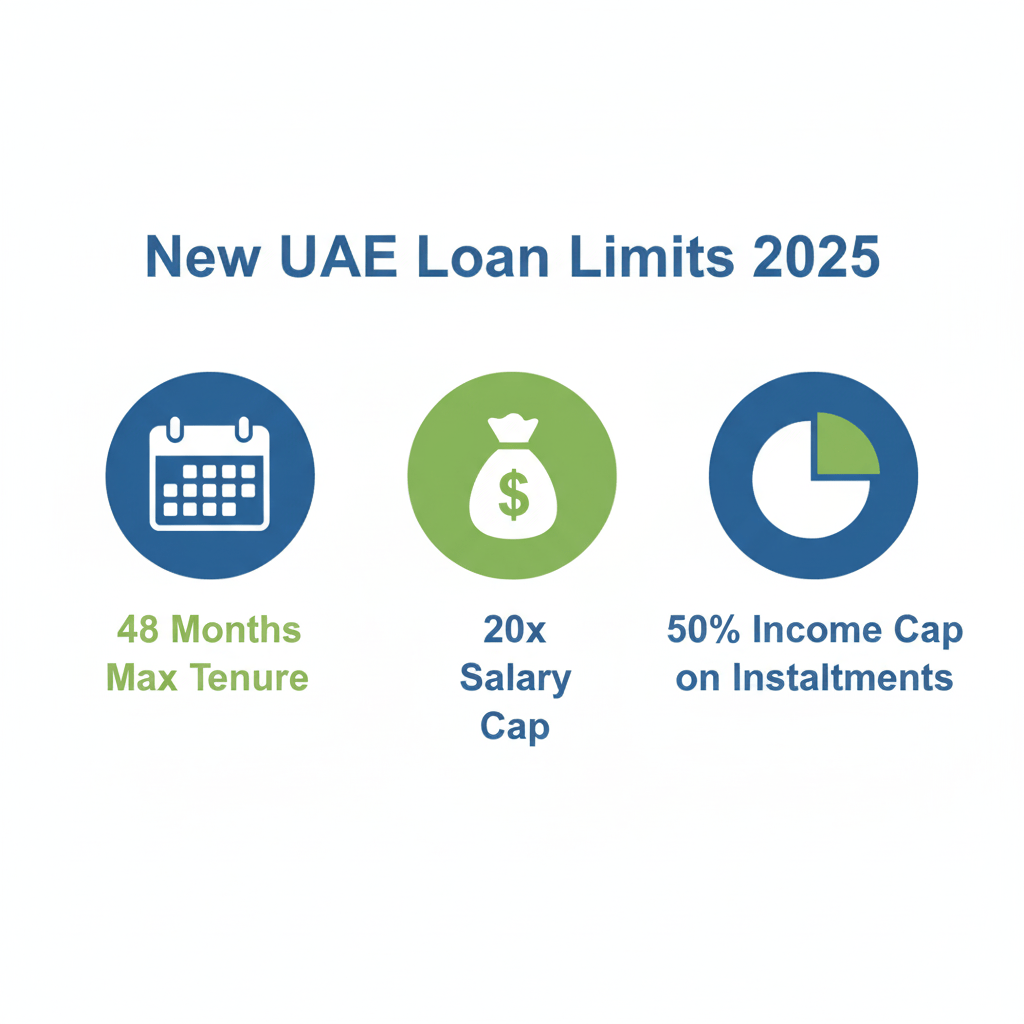Infographic showing UAE loan limits including 48-month tenure and 50% income cap.
