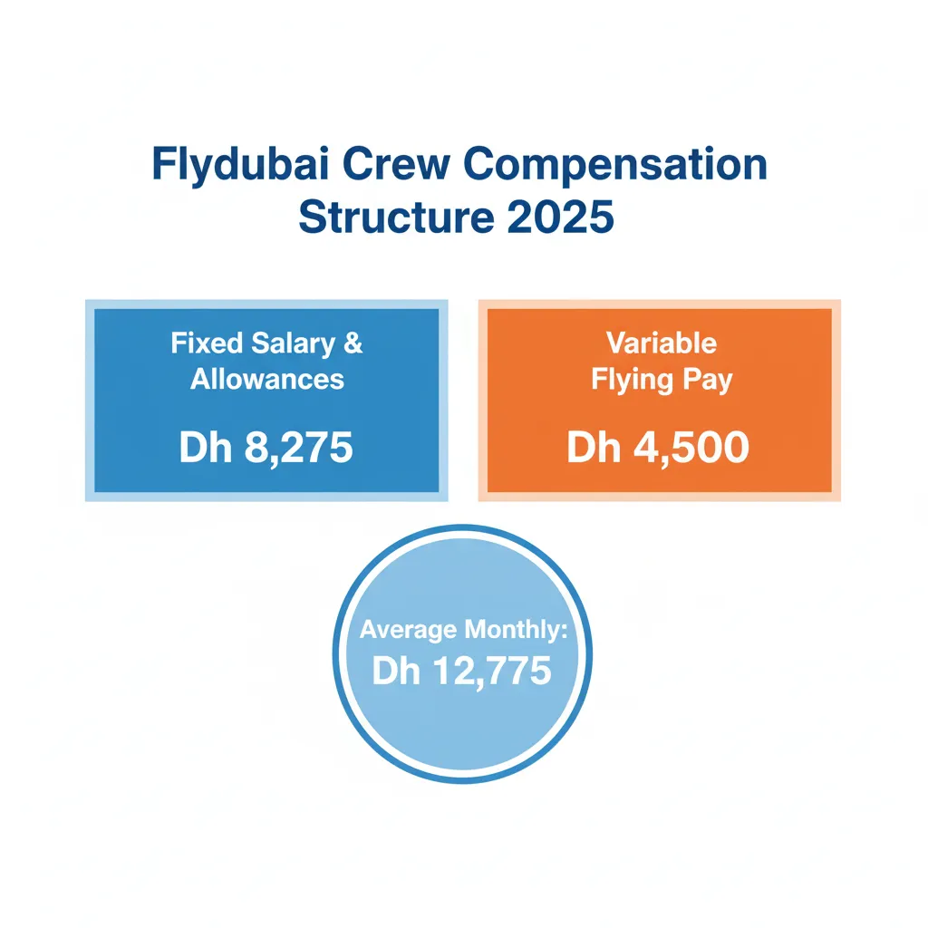 Infographic showing Flydubai cabin crew salary breakdown including basic pay and allowances.