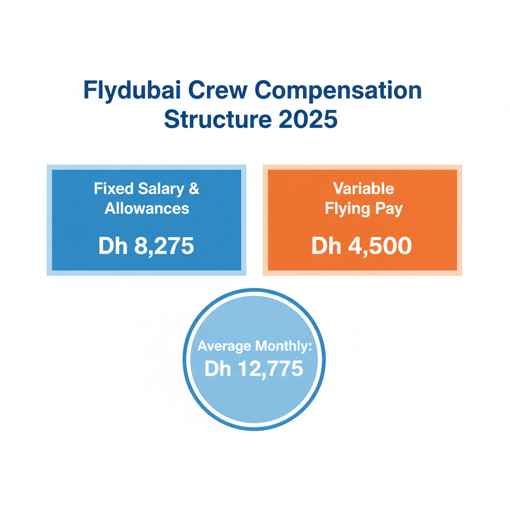 Infographic showing Flydubai cabin crew salary breakdown including basic pay and allowances.