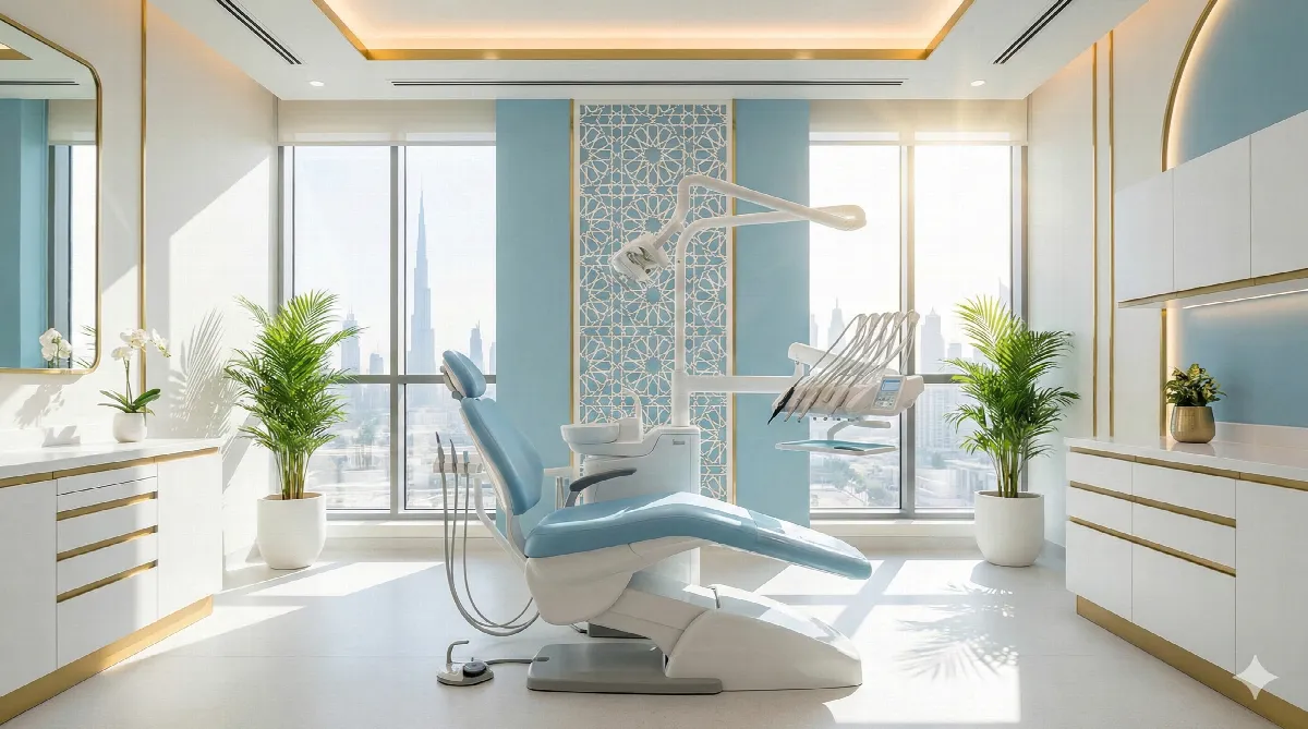 Modern dental clinic interior in Dubai featuring contemporary equipment and natural lighting