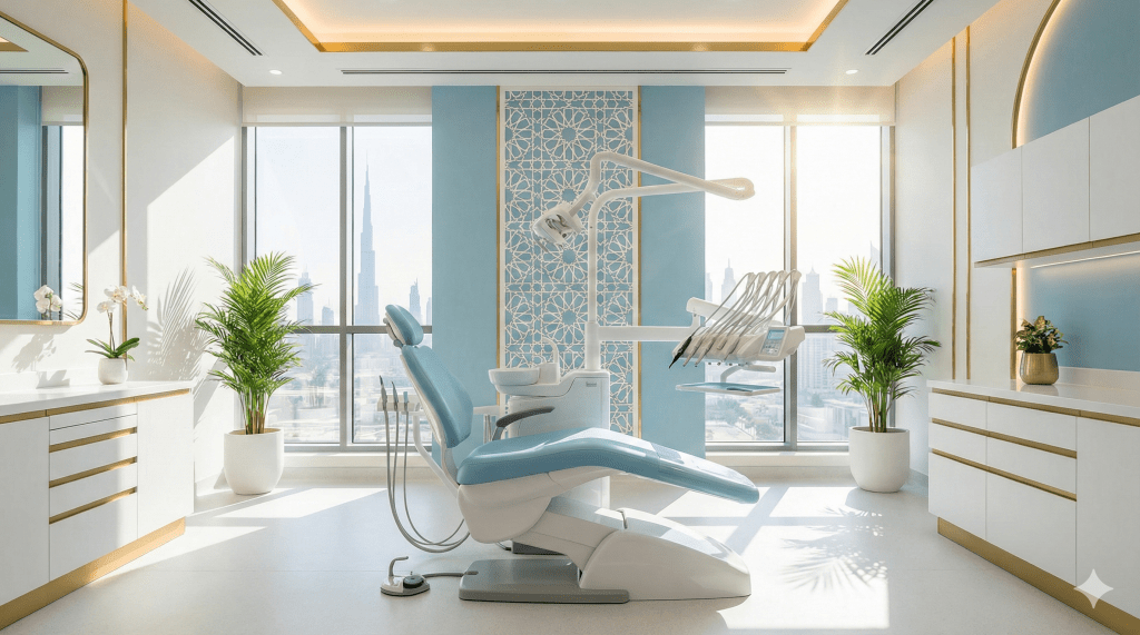 Modern dental clinic interior in Dubai featuring contemporary equipment and natural lighting
