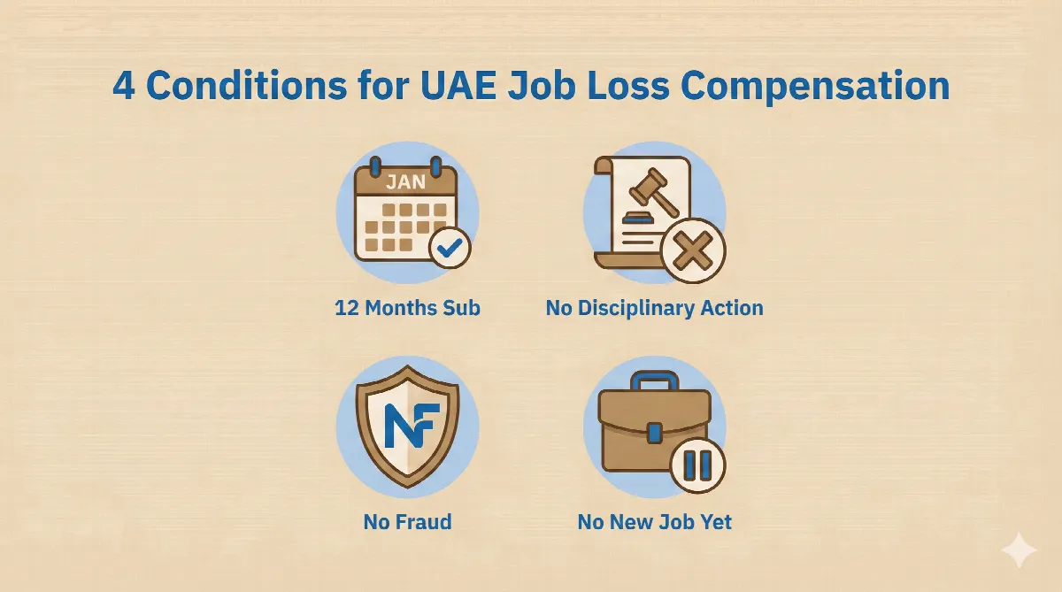 Infographic showing the four key conditions for claiming UAE unemployment insurance.