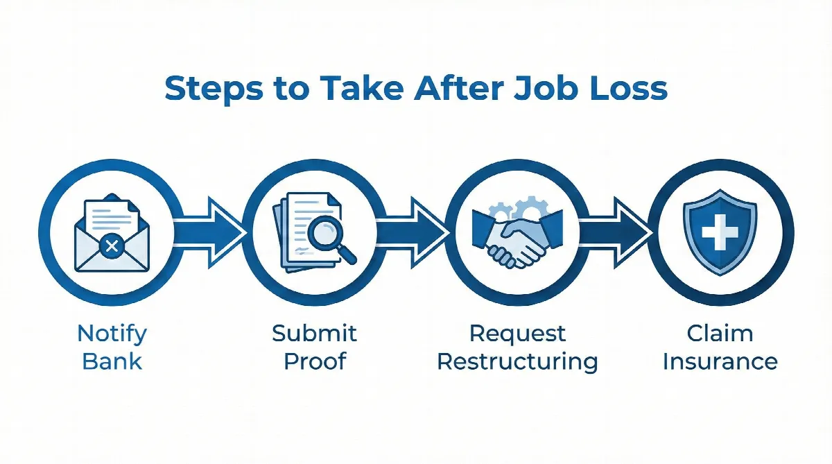 Infographic showing the 4 steps to take with your bank after losing your job in UAE.