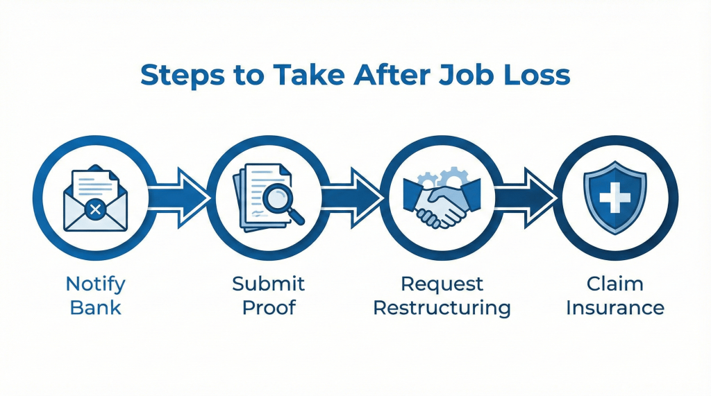 Infographic showing the 4 steps to take with your bank after losing your job in UAE.