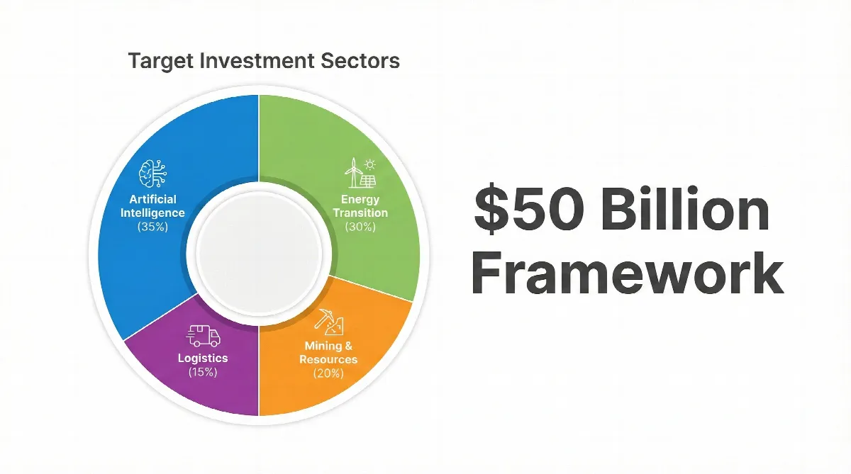 Chart showing the key sectors for the UAE-Canada investment framework: AI, Energy, Mining, and Logistics.

