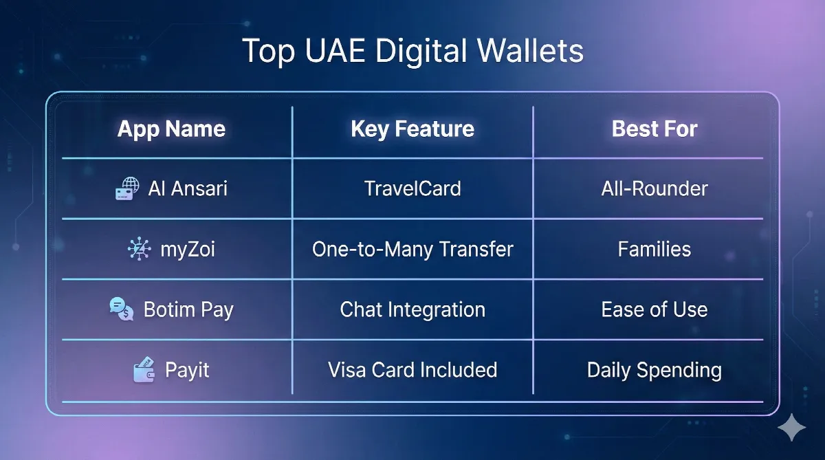 Comparison chart of top digital wallets in UAE like Al Ansari, myZoi, and Botim.