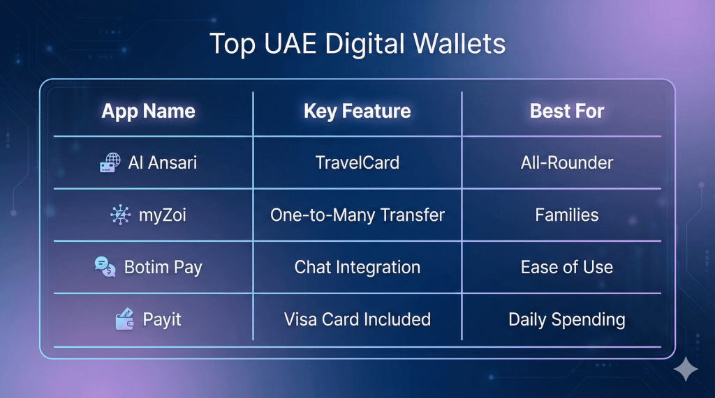 Comparison chart of top digital wallets in UAE like Al Ansari, myZoi, and Botim.