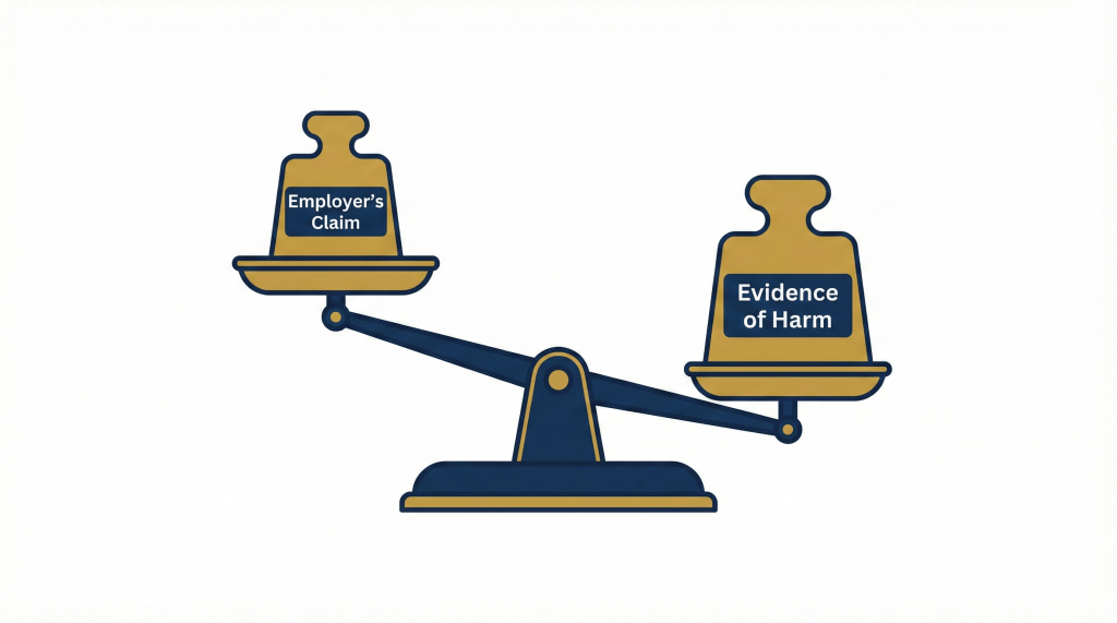 Illustration showing that employers must provide evidence of harm to win a non-compete lawsuit.