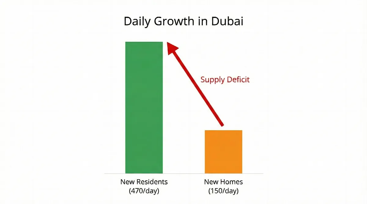 Bar chart illustrating the daily gap between new residents and new housing units in Dubai.