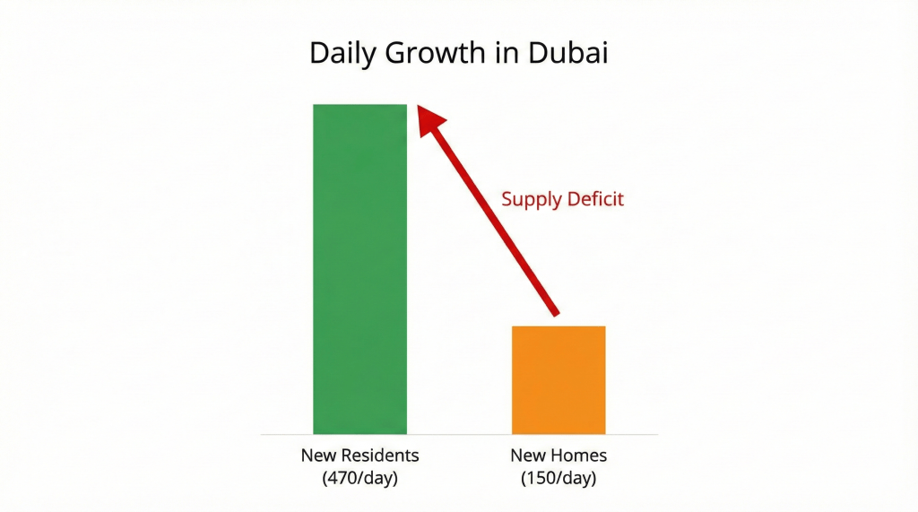 Bar chart illustrating the daily gap between new residents and new housing units in Dubai.