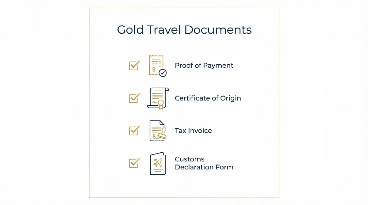 Infographic showing the essential documents required for hand-carrying gold.