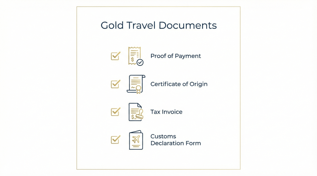Infographic showing the essential documents required for hand-carrying gold.