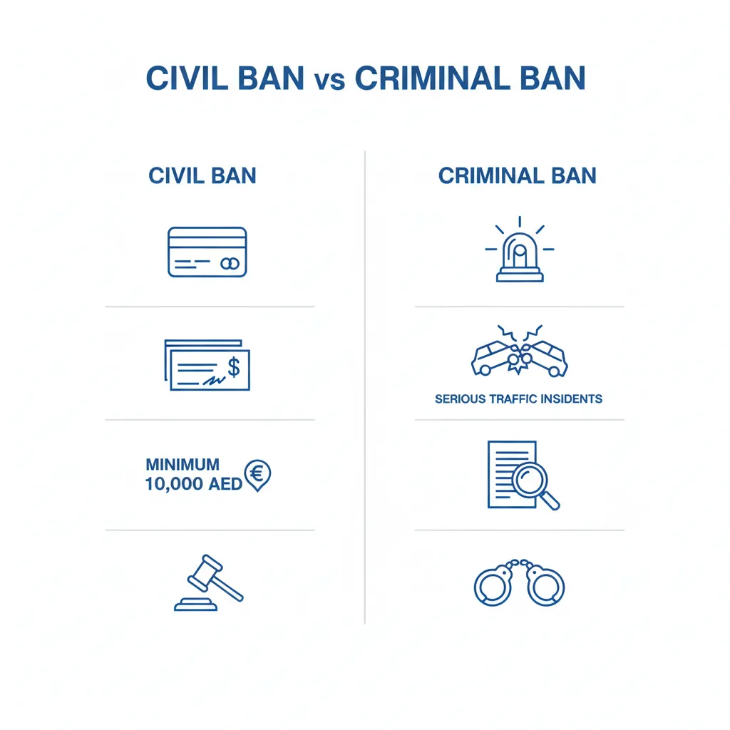Infographic comparing Civil vs Criminal travel bans in the UAE showing debt thresholds and police authority.