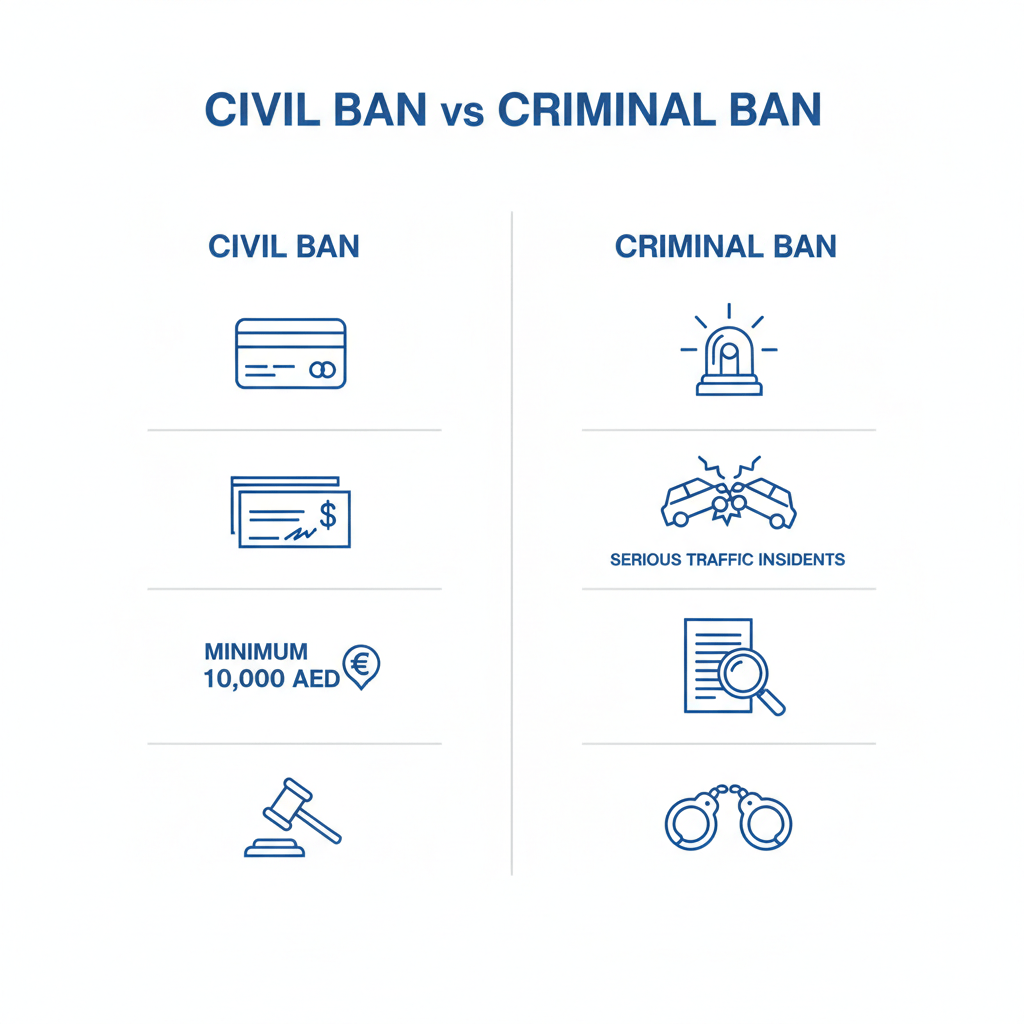 Infographic comparing Civil vs Criminal travel bans in the UAE showing debt thresholds and police authority.