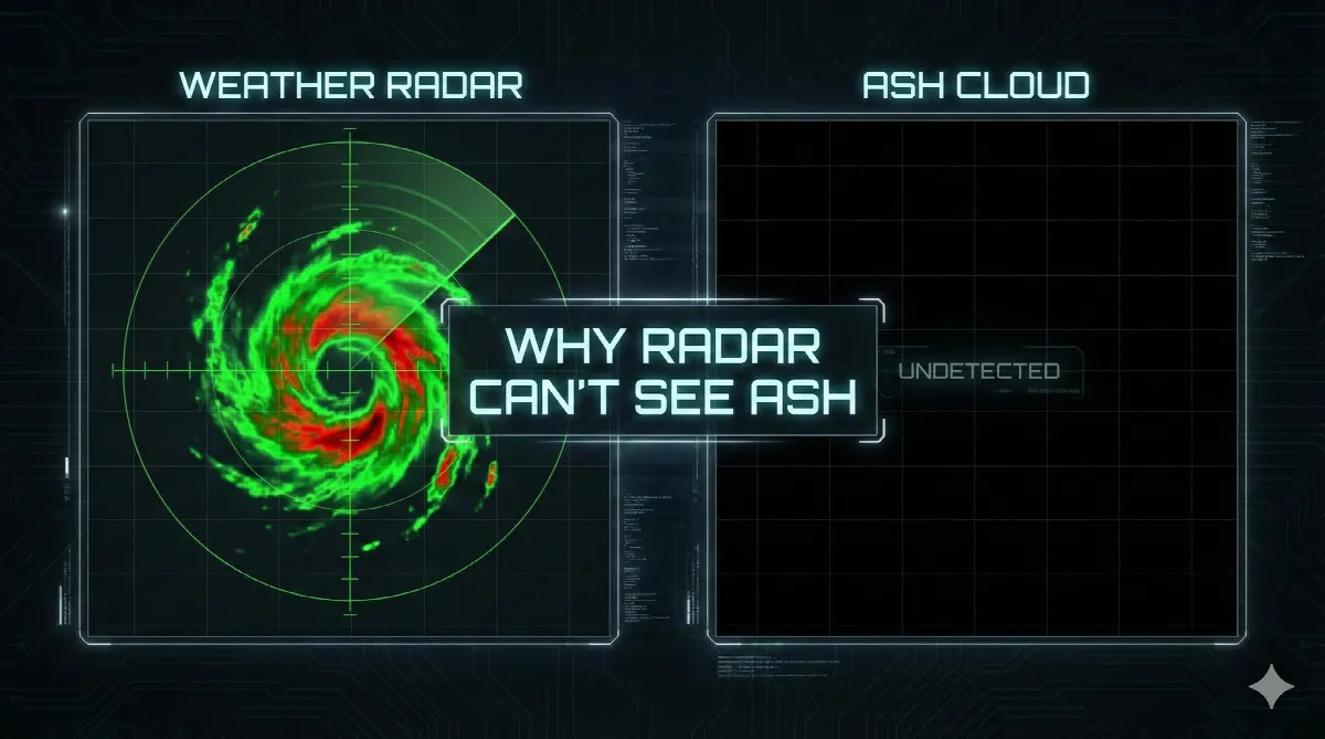 Visual representation of why aircraft weather radar fails to detect volcanic ash.
