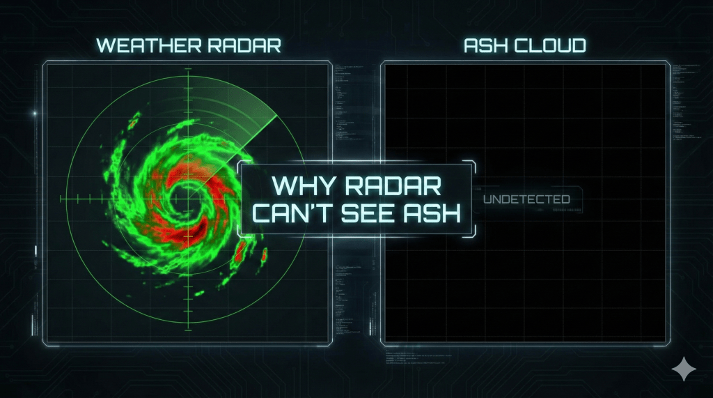 Visual representation of why aircraft weather radar fails to detect volcanic ash.
