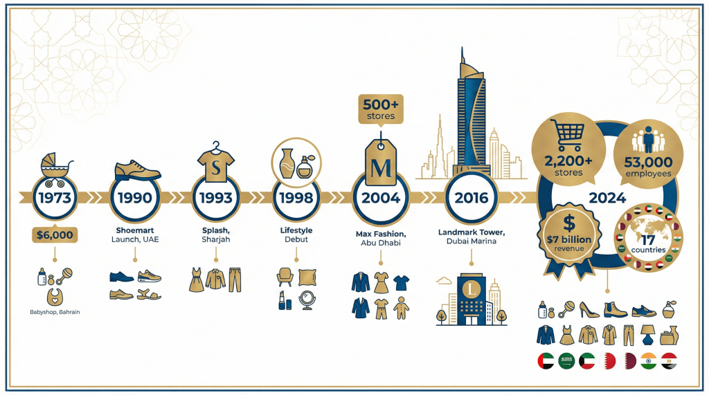 Landmark Group 50-year growth timeline from $6,000 startup to $7 billion retail empire across UAE and Middle East
