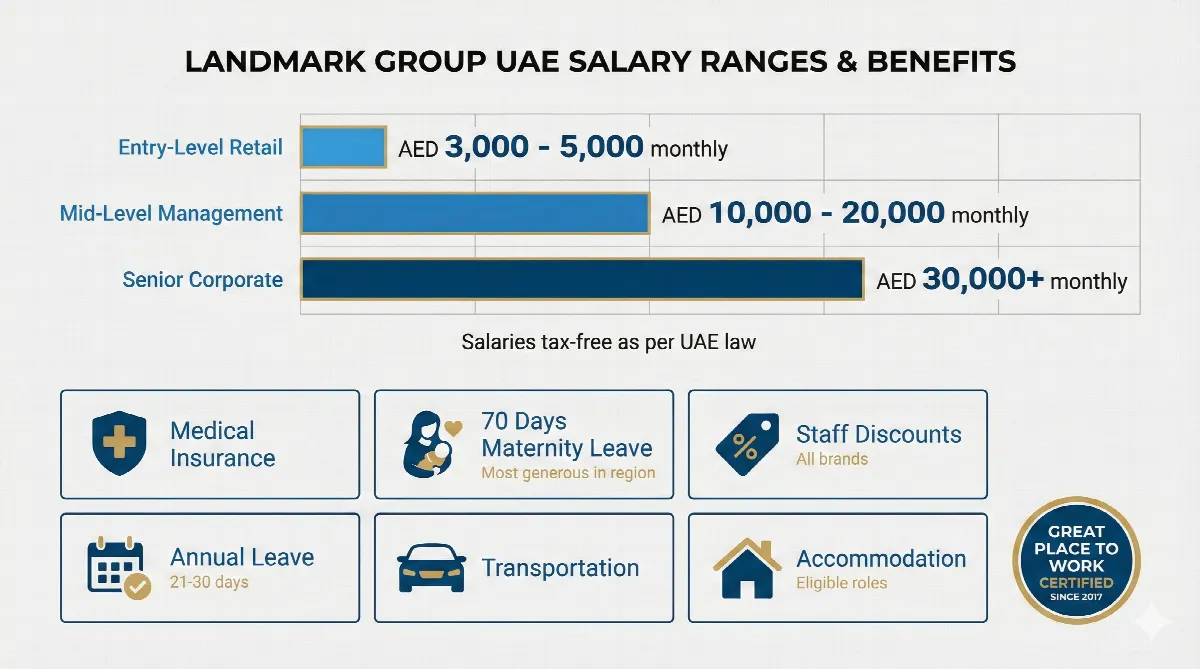 Landmark Group salary ranges and employee benefits comparison showing competitive compensation packages for UAE retail positions