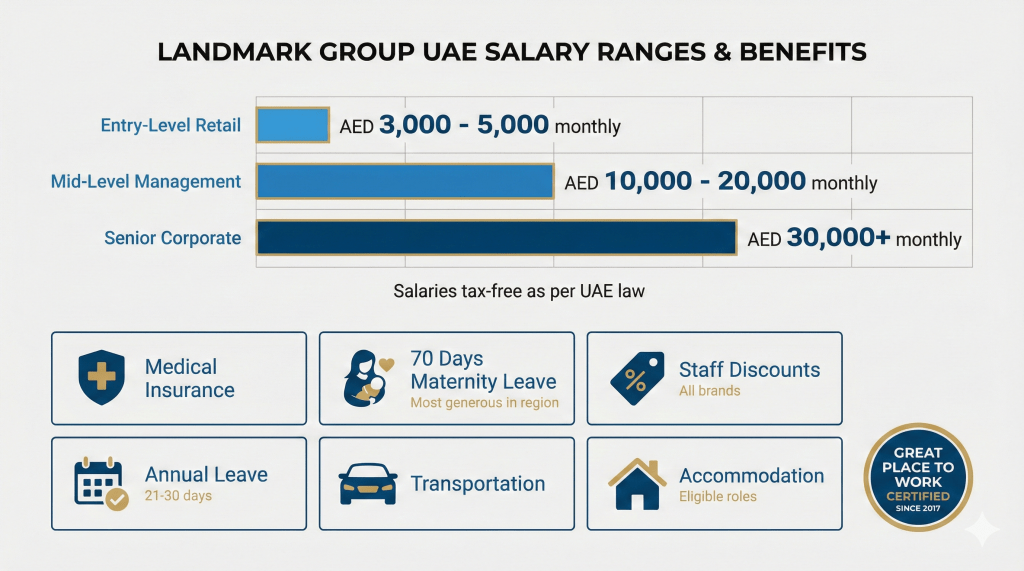 Landmark Group salary ranges and employee benefits comparison showing competitive compensation packages for UAE retail positions