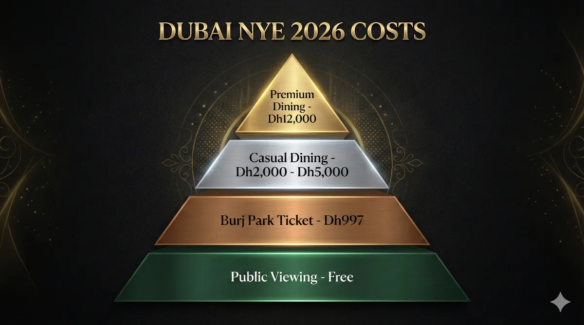 Infographic showing the price tiers for New Year's Eve experiences in Downtown Dubai.