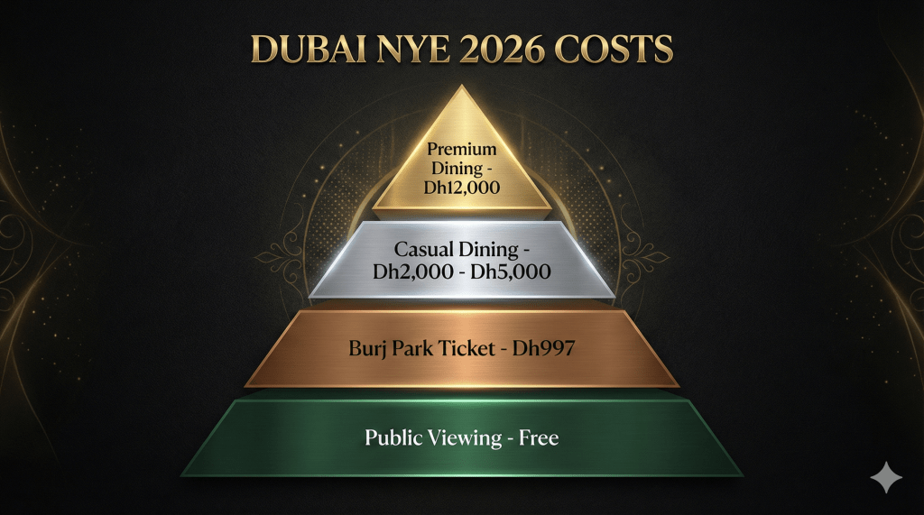 Infographic showing the price tiers for New Year's Eve experiences in Downtown Dubai.