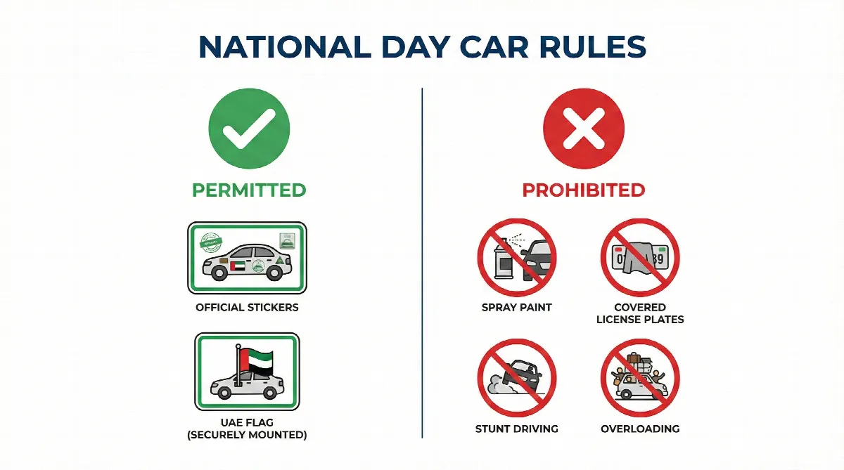 Infographic showing allowed and banned vehicle modifications for UAE National Day.
