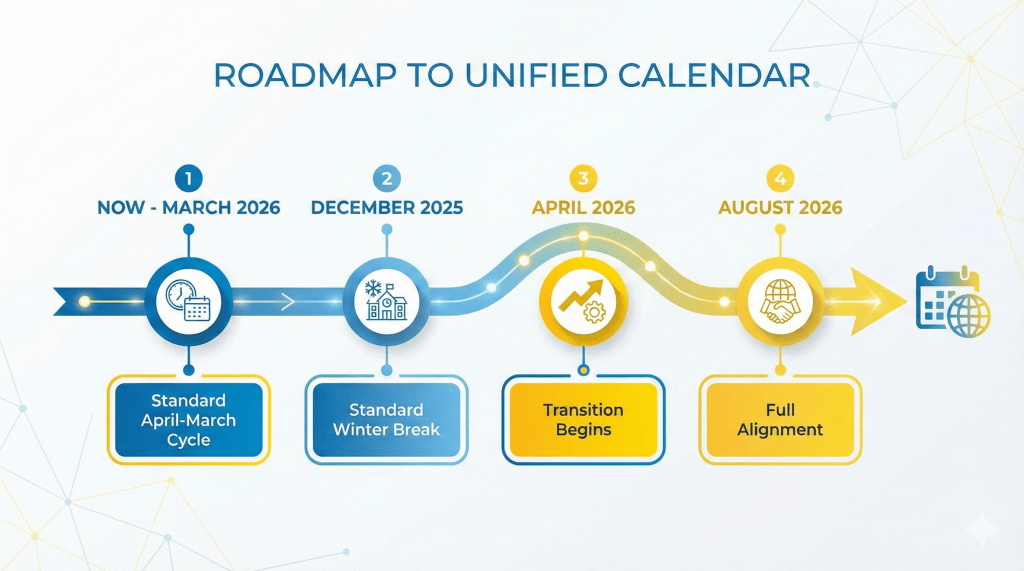 Timeline showing the transition of Indian schools to the UAE unified calendar from 2026.
