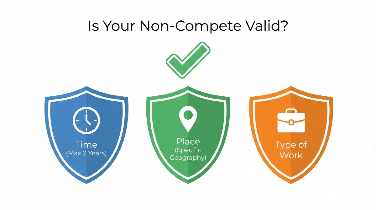  Infographic showing the three legal requirements for a valid UAE non-compete agreement: Time, Place, and Type of Work.