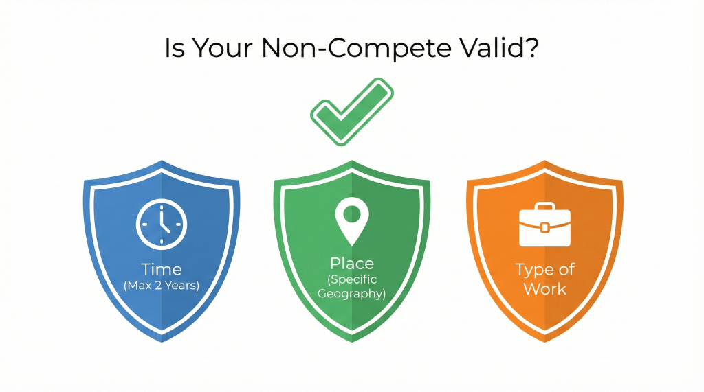  Infographic showing the three legal requirements for a valid UAE non-compete agreement: Time, Place, and Type of Work.