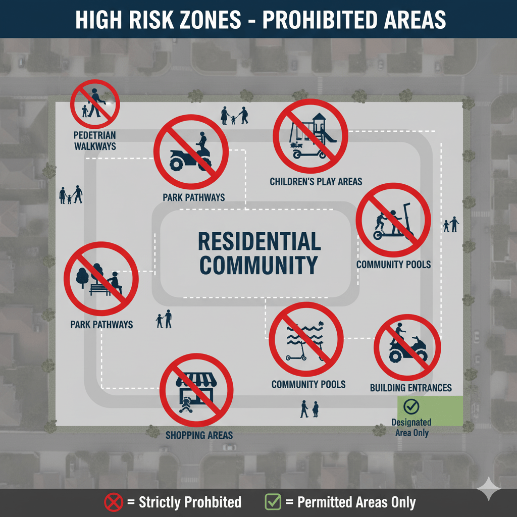 Residential community map showing prohibited zones for quad bikes and e-scooters to protect pedestrian safety