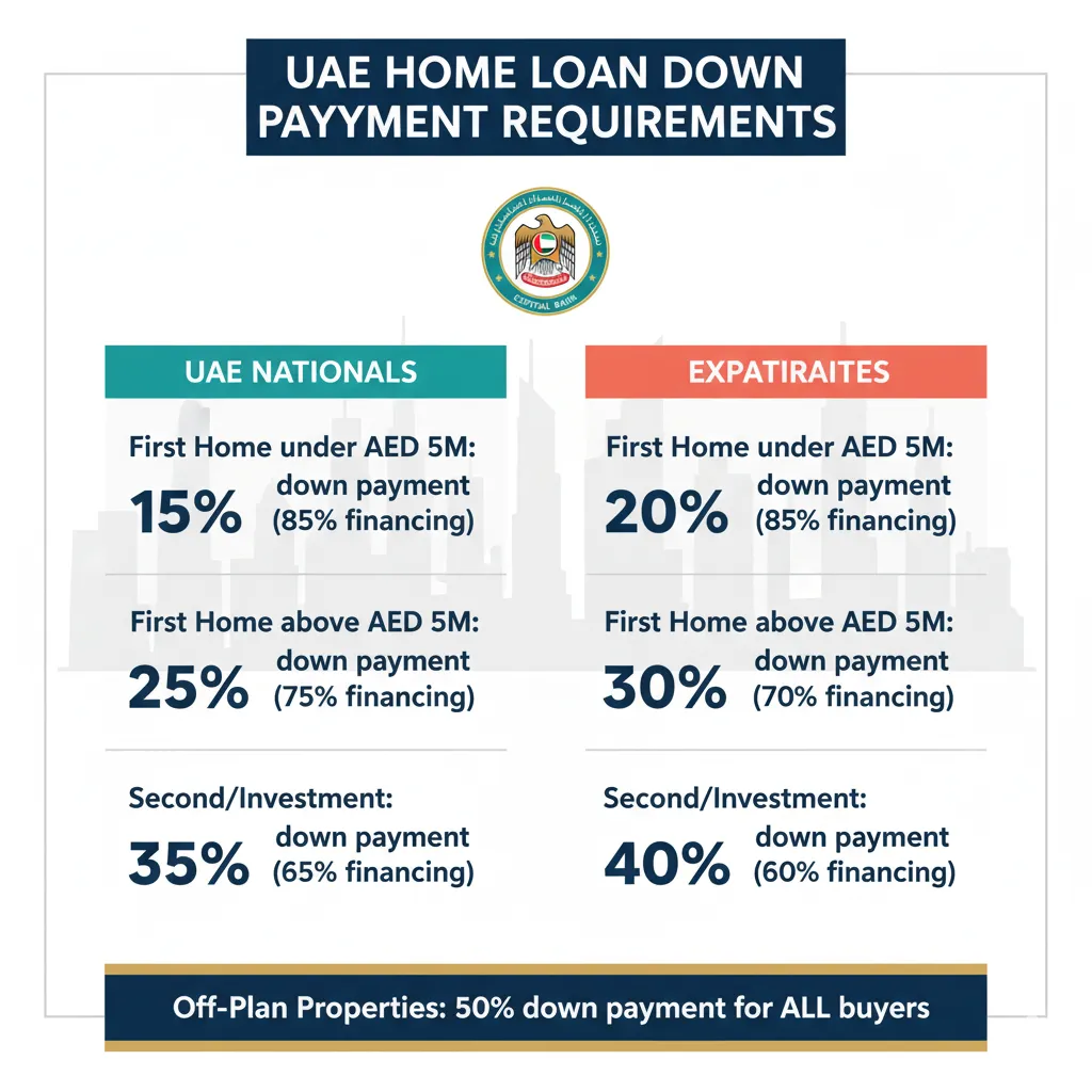 UAE Central Bank down payment requirements chart showing loan-to-value ratios for nationals and expatriates in 2025