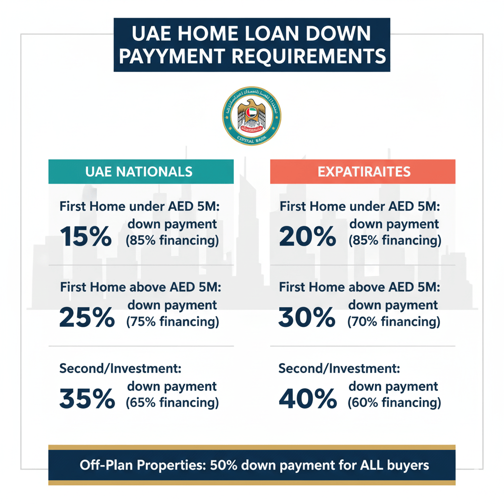 UAE Central Bank down payment requirements chart showing loan-to-value ratios for nationals and expatriates in 2025