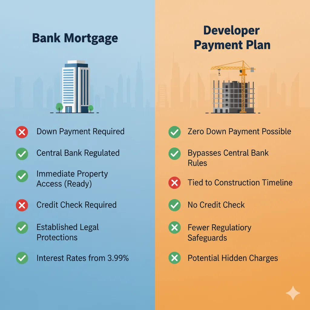 Comparison chart showing differences between bank mortgages and developer payment plans for UAE property purchases