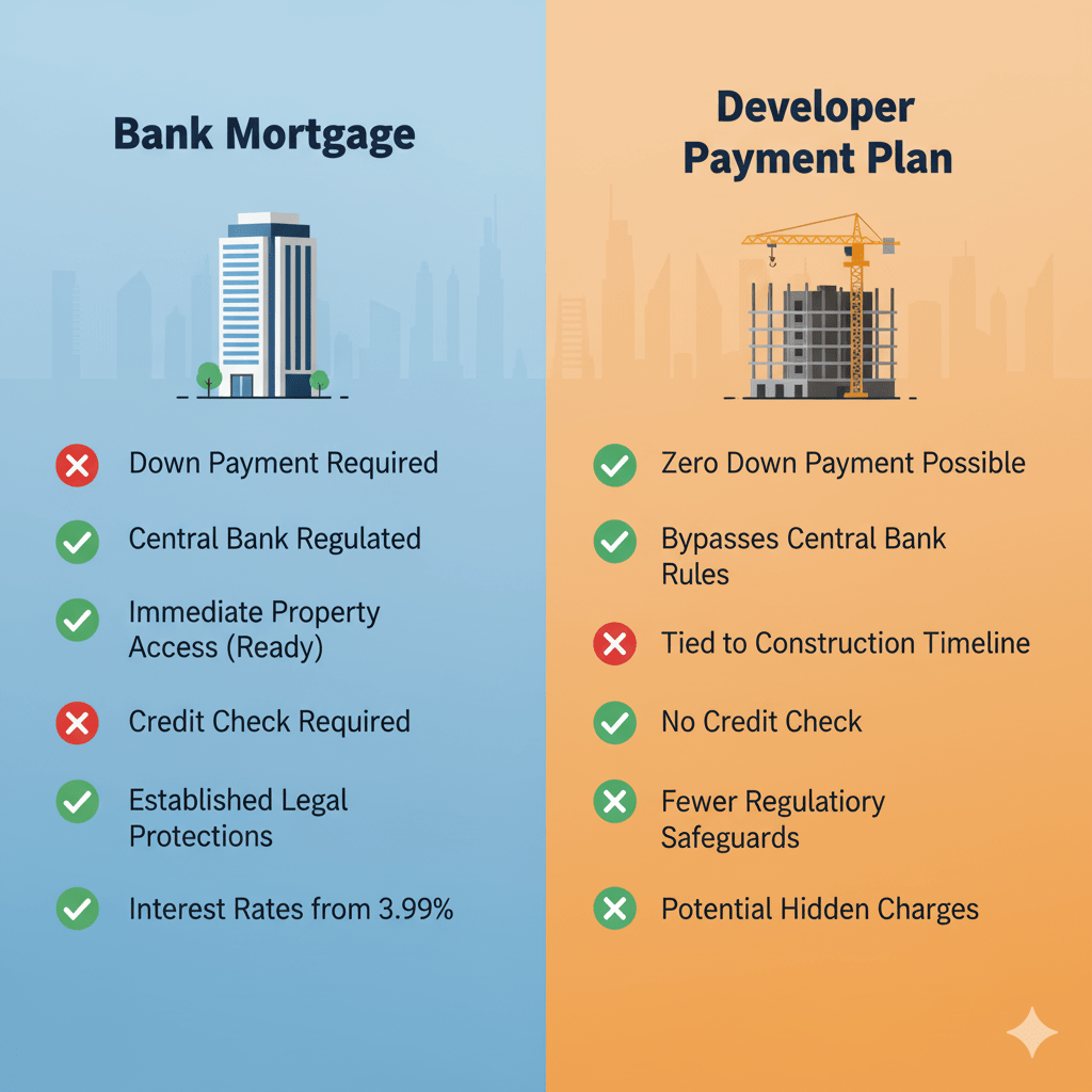 Comparison chart showing differences between bank mortgages and developer payment plans for UAE property purchases