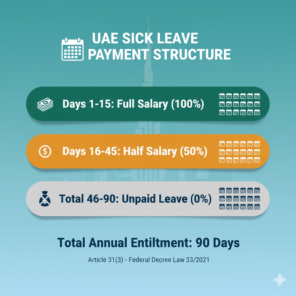 UAE sick leave payment structure showing 90-day annual entitlement breakdown for mental health conditions