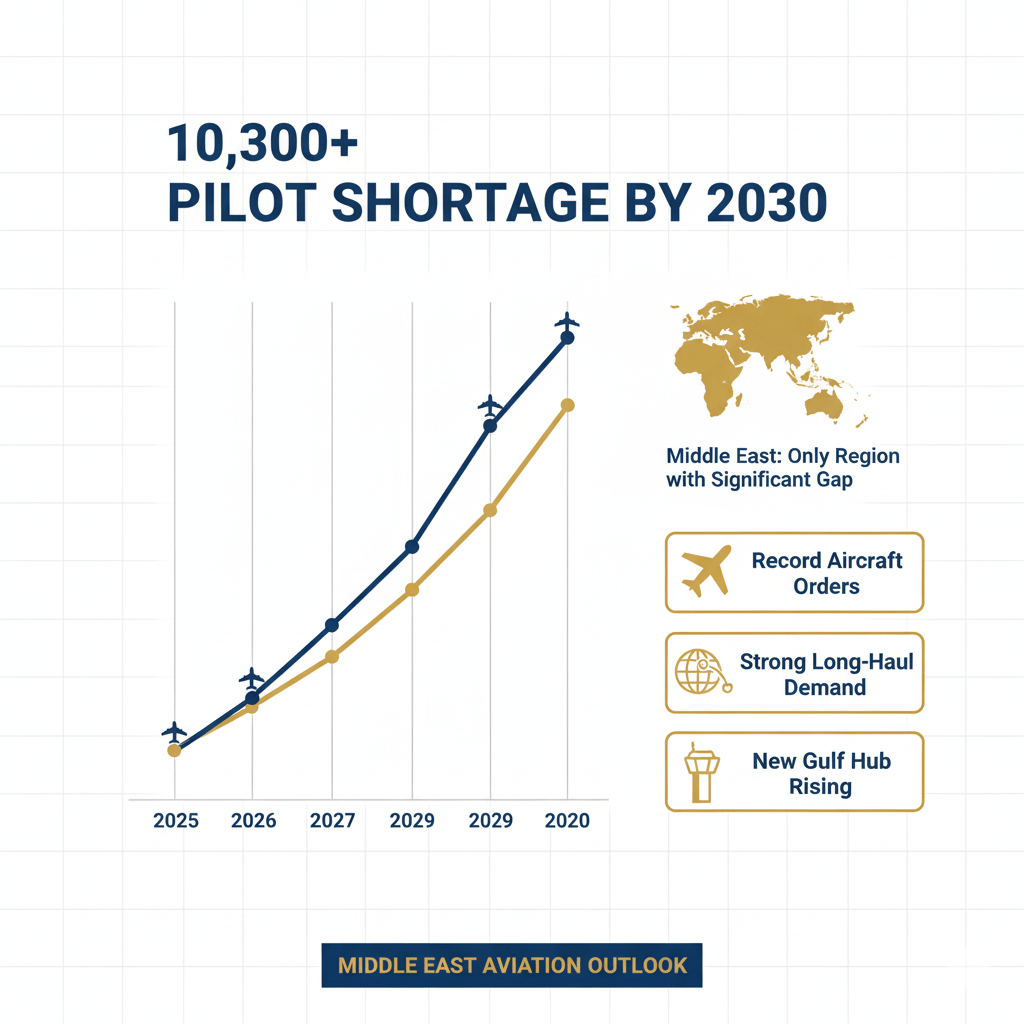 Middle East pilot shortage infographic showing 10,300+ vacancies by 2030 with demand versus supply statistics