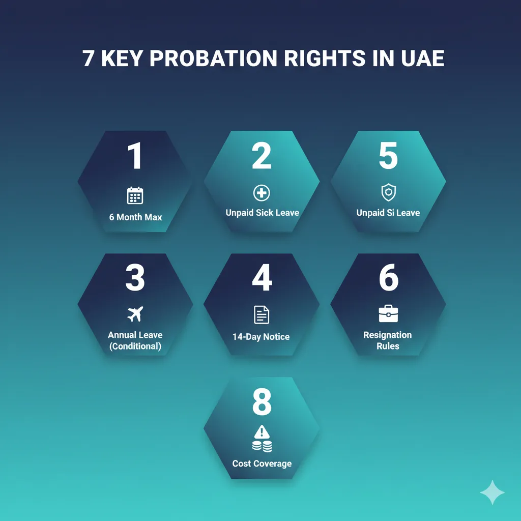 Summary dashboard displaying seven essential probation period rights for UAE employees under Federal Decree-Law 33
