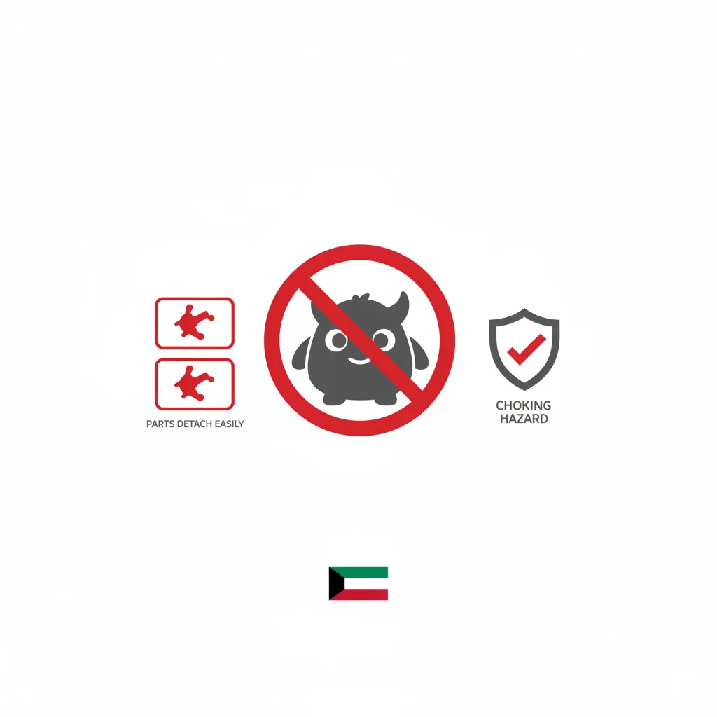 Kuwait toy recall warning showing Labubu product with safety hazard symbols and detachable parts risk indicators