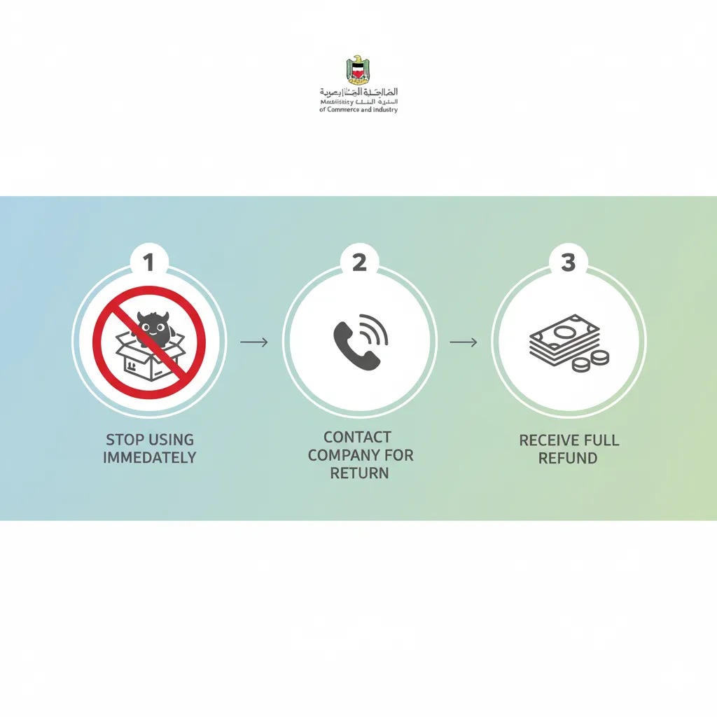Three-step process infographic showing how to return recalled Labubu toy and claim refund in Kuwait