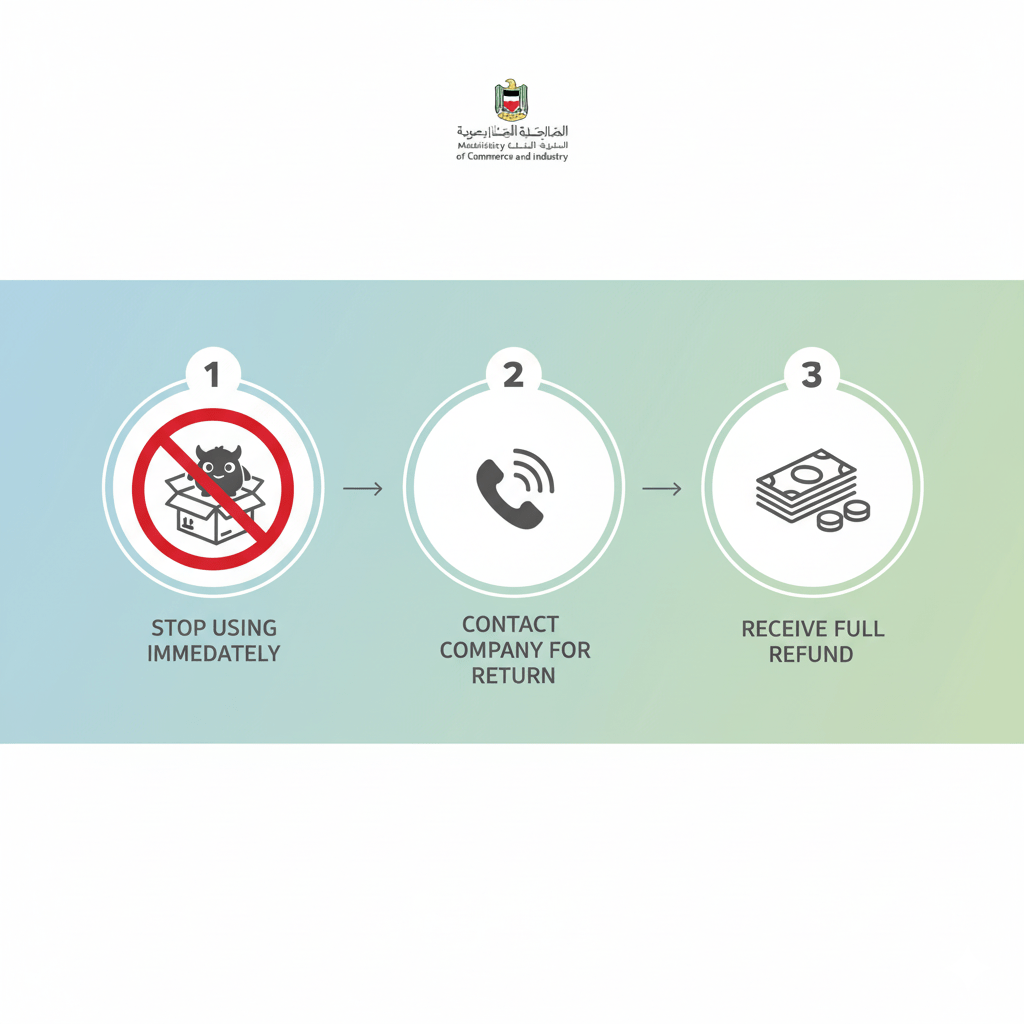 Three-step process infographic showing how to return recalled Labubu toy and claim refund in Kuwait