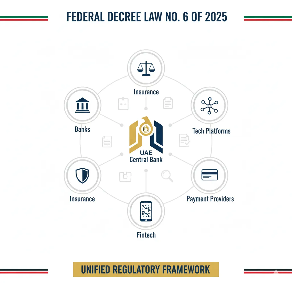UAE Central Bank regulatory framework showing expanded oversight of banks, insurance, fintech, and payment providers under new 2025 law