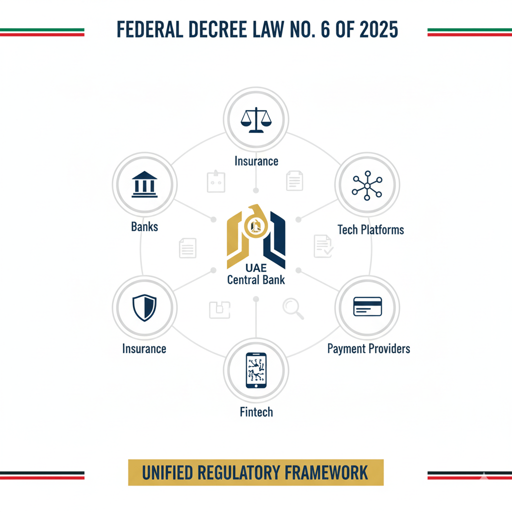 UAE Central Bank regulatory framework showing expanded oversight of banks, insurance, fintech, and payment providers under new 2025 law