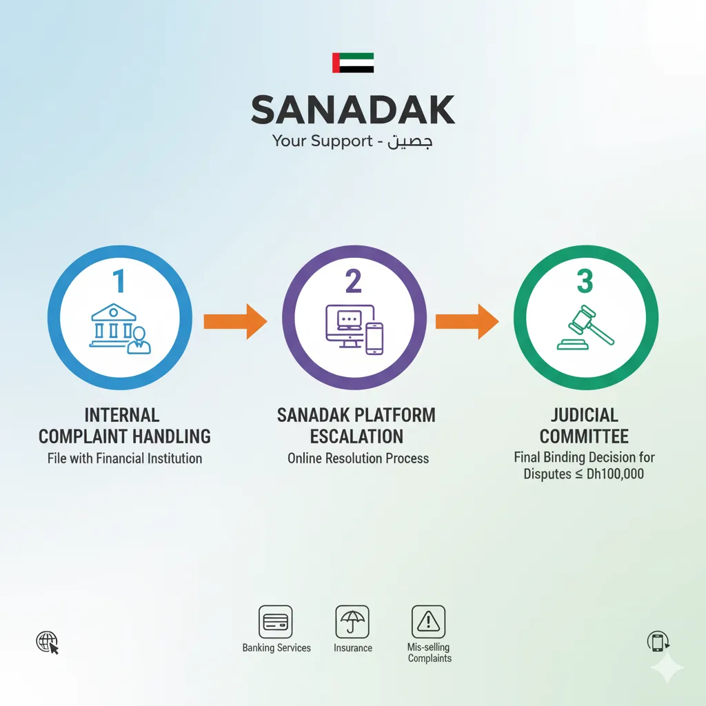 Three-stage Sanadak platform dispute resolution process for banking and insurance complaints in UAE showing escalation path to judicial committee